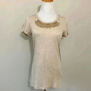 NWT J Crew light weight tan tee with bead and ribbon detail